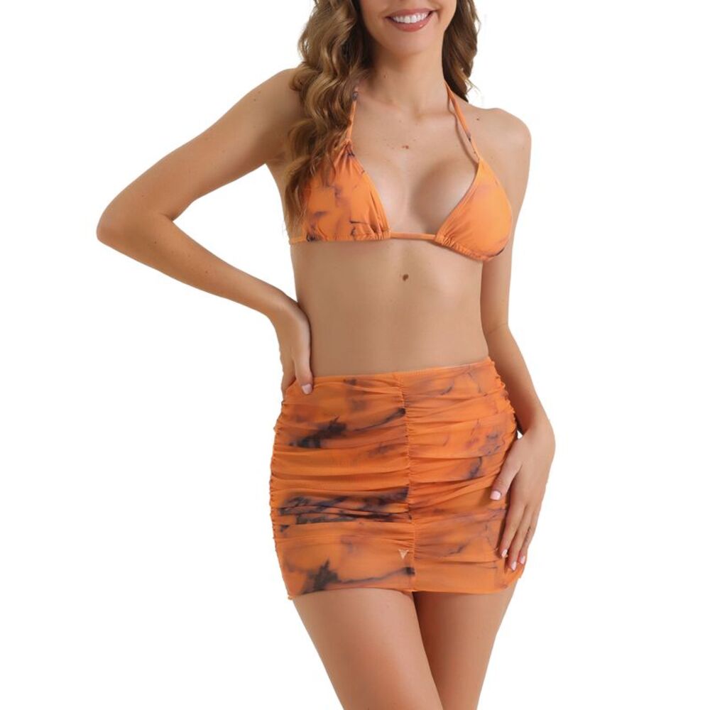 3 Piece Triangle Bottom Cover Up Skirt Tie Dye Halter Bikini Sets Orange